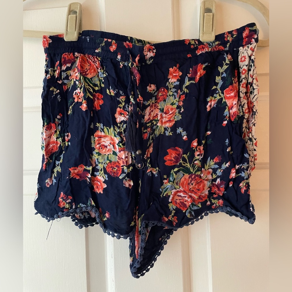 Navy blue floral drawstring shorts